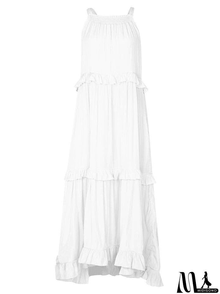 MidiSono - Romantic Ruffles Swing Sleeveless Halter Maxi Dress for Women