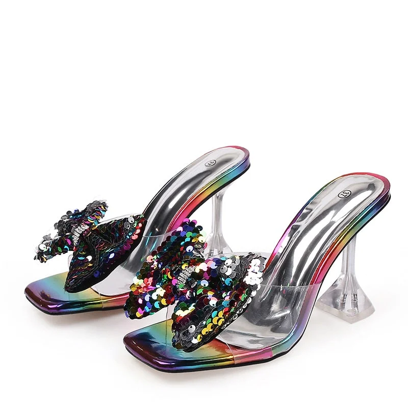 Transparent PVC Crystal Clear Heeled Women Slippers Fashion Fish Scales Bow High Heels Female Mules Slides Summer Sandals Shoes
