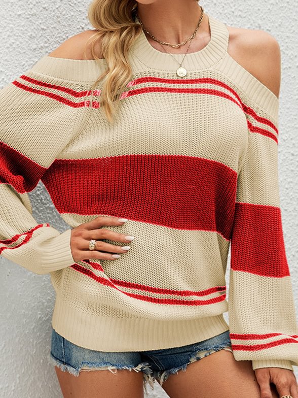Women's Scoop Neck Long Sleeve Striped Cold Shoulder Top Knit Sweater