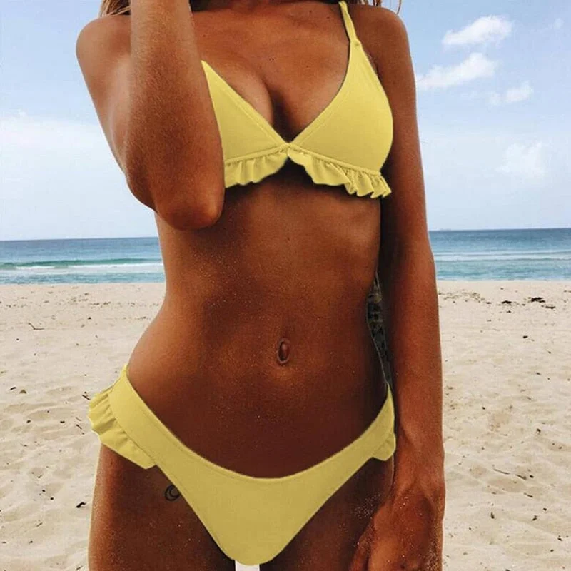 Swimsuit Women Split High Waist Sexy 2 Piece Bathing Suit Bikini Set Plaid Summer Ruffle Swimwear Beach Outfits Femme Biquinis