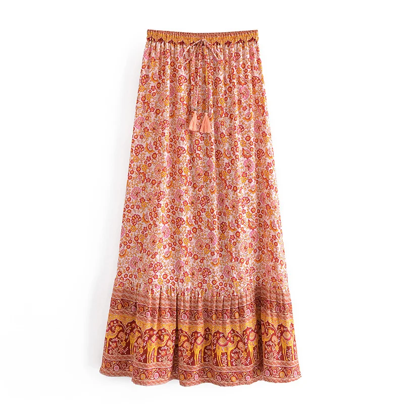 Nncharge Bohemia Floral Print Long Skirt Spliced Ruched Ruffle Hem Hippie Women Tassel Bow Adjust Waist Swing Skirts Holiday Beach
