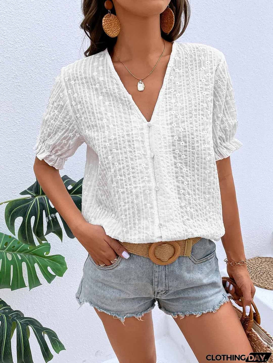 Buttoned V-Neck Flounce Sleeve Top