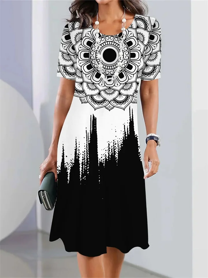 Women's Fashion Casual Loose Round Neck Floral 3D Printed Dresses