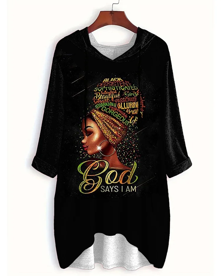 God Says I Am Hooded Pocket Three-Quarter Sleeve Long T-Shirt