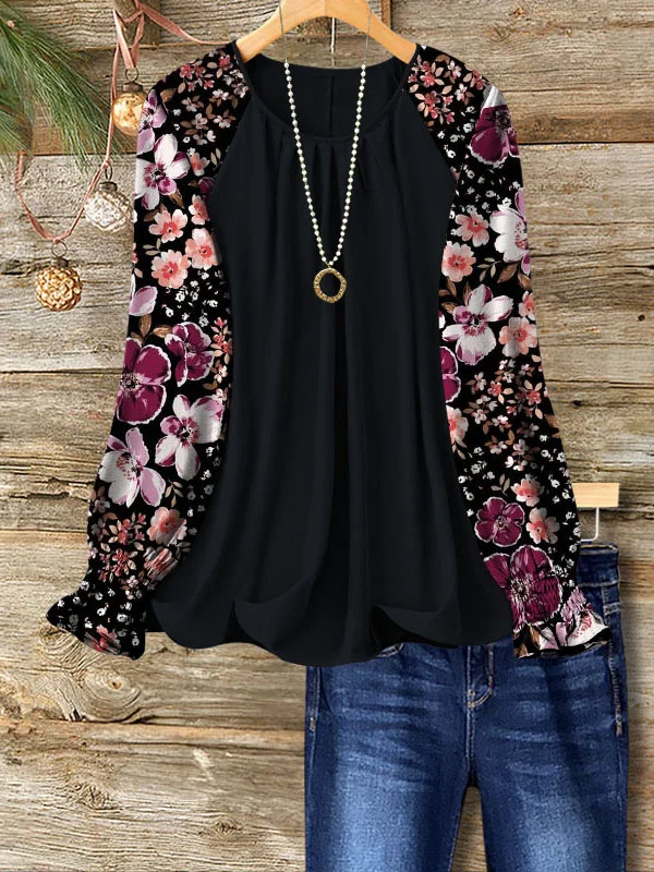 Romantic Floral Print Patchwork Gathered Cuff Top