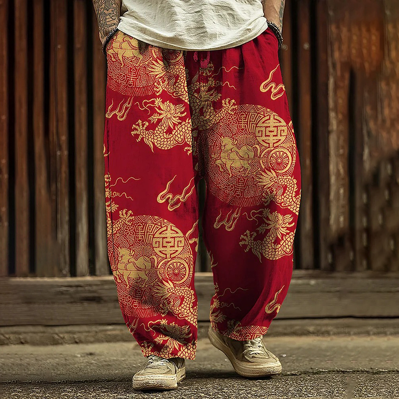 Men's Classic Traditional Gold Dragon And Bronze Coin Print Casual Pants  artssus