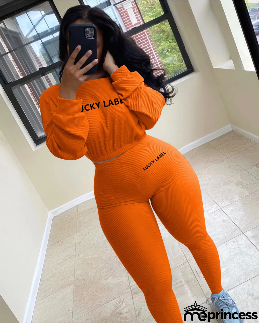 Plus Size Letter Long Sleeve 2 Piece Pants Set