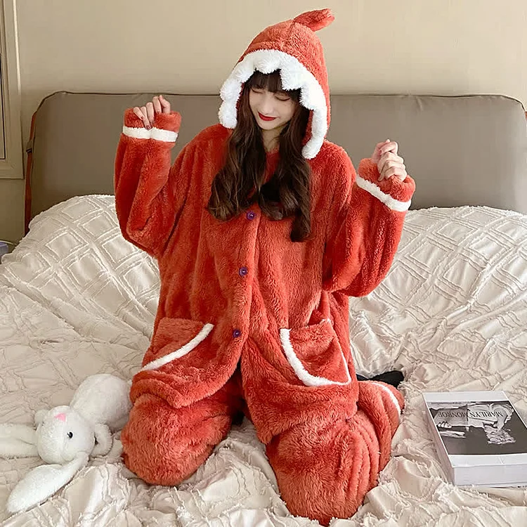 Lovely Cartoon Shark Plush Hooded Pajamas Set - Modakawa Modakawa