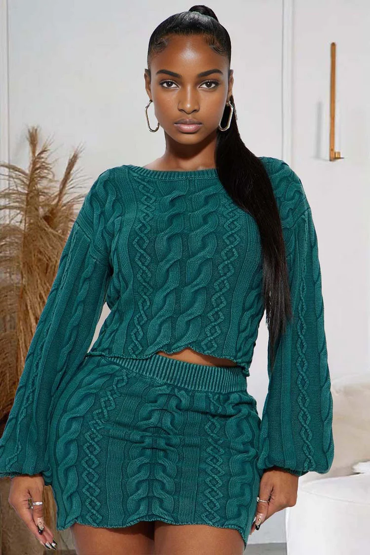 Knit Pattern Lantern Sleeve Crop Sweater Mini Skirt Matching Set-Green [Pre Order]