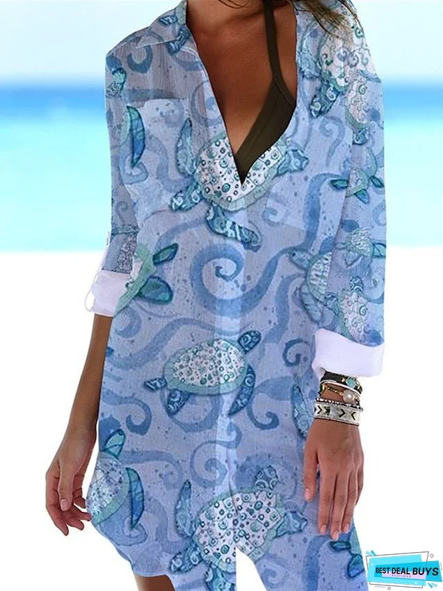 Shirt Dress Cover Up Beach Wear Mini Dress Pocket Print Fashion Casual Fish Turndown 3/4 Length Sleeve Loose Fit Outdoor Daily White Blue Summer Spring S M L XL for Women