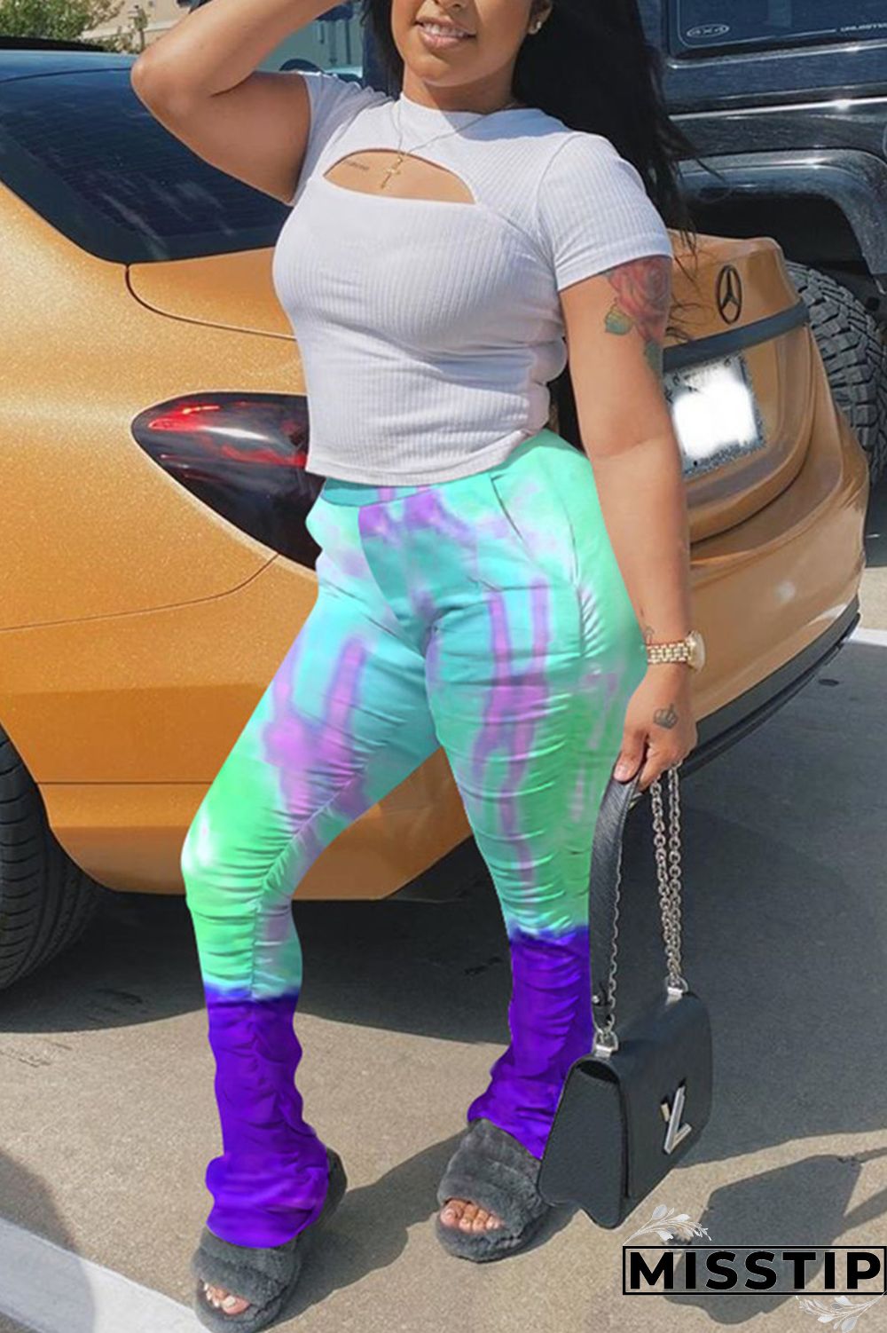 Fluorescent green Fashion Casual Printed Slim Trousers