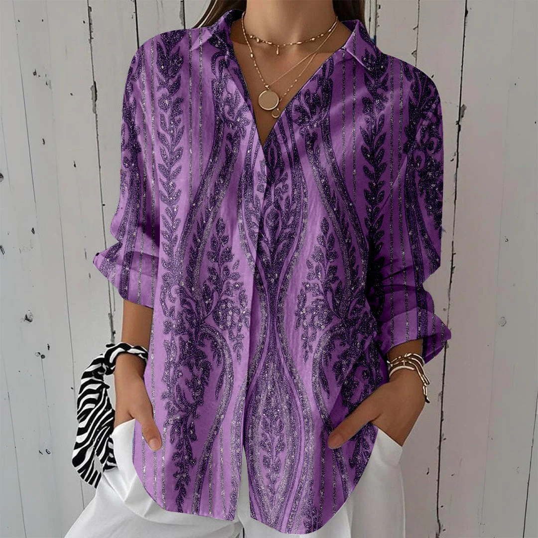 Style & Comfort for Mature Women Women Bohemian,  Purple DZCL0434 3/4 Sleeve Shirt Collar Printed Button Tops