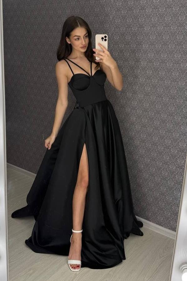 Oknass Spaghetti Strap Sleeveless Sweetheart Long Prom Dress With Split