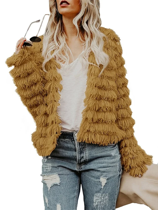 Women's Faux Fur Coat Winter Open Front Cardigan Vintage Parka Shaggy Jacket Warm Coat Tops Khaki