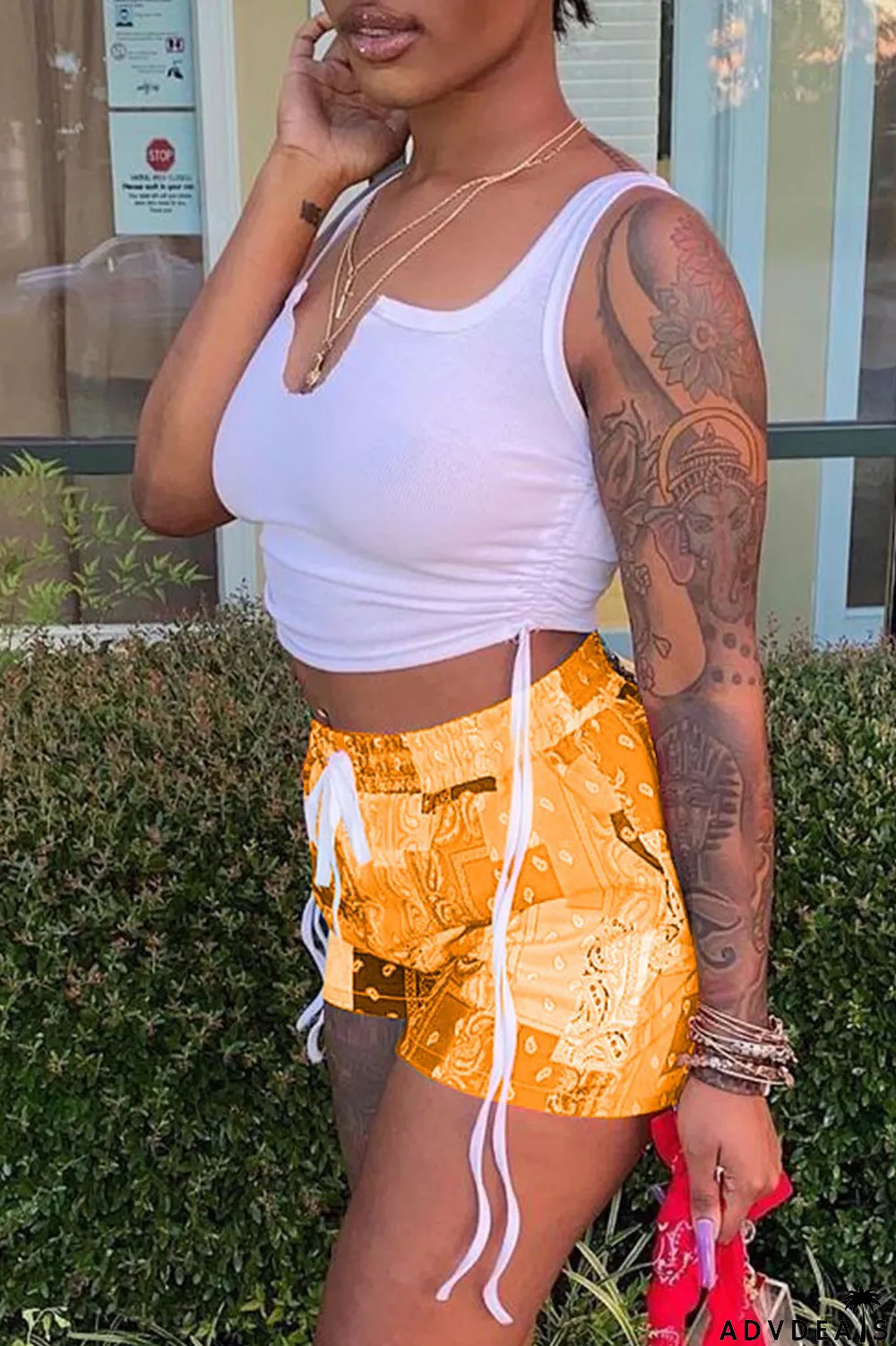 Grey Sexy Print Ripped Contrast Spaghetti Strap Sleeveless Two Pieces