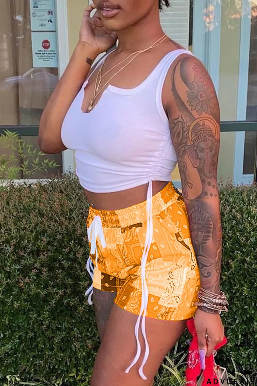 Grey Sexy Print Ripped Contrast Spaghetti Strap Sleeveless Two Pieces