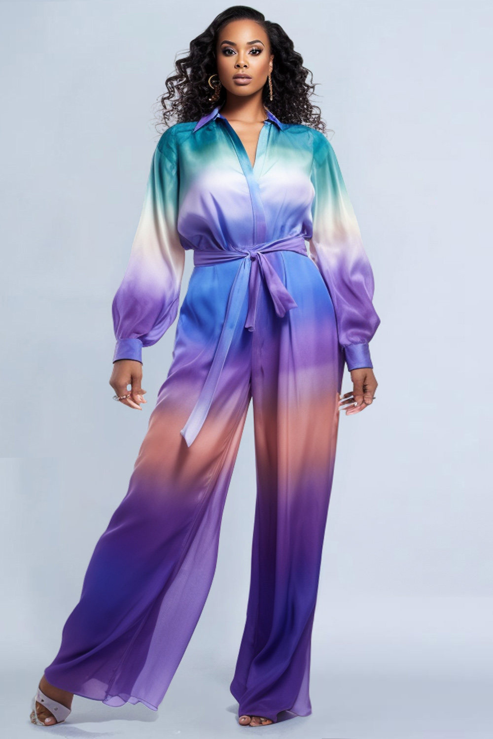Design Plus Size Daily Purple Gradient Shirt Collar Long Sleeve Wrap Satin Jumpsuits [Pre-Order]
