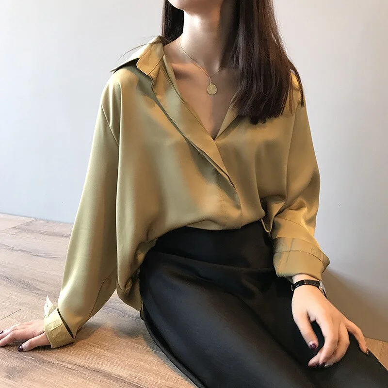 Spring blouses women 2021 office black top Solid V-Neck vintage korean fashion clothing ladies tops Button Chiffon shirt 7977 50