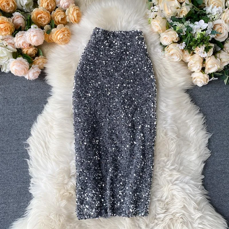 FTLZZ Women Sequins Pencil Skirts Korean Elegant Mid Length Bodycon Jupe Spring Sexy Femme Trend High Waist Slim Shinny Skirt