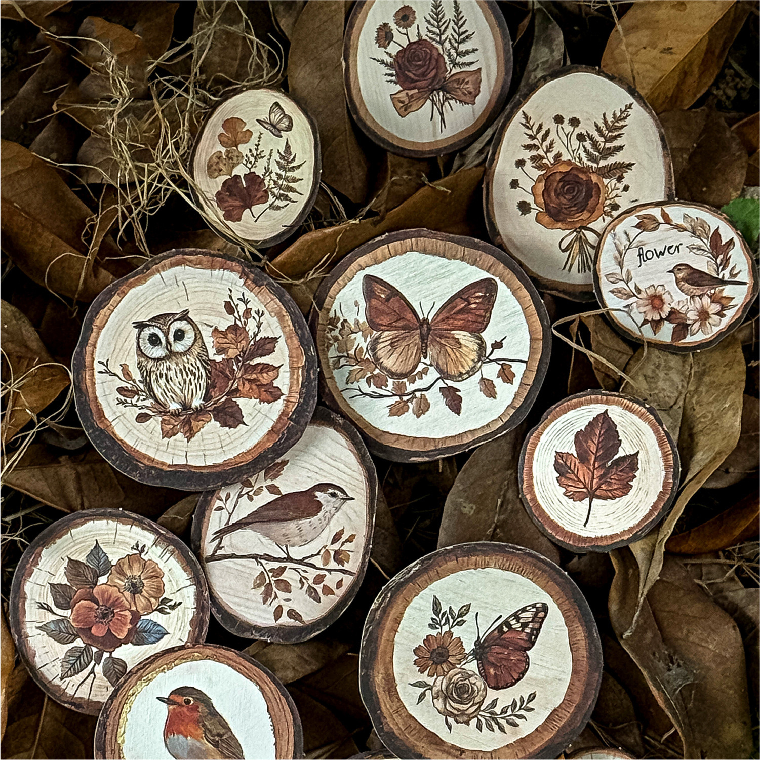 스티커 - 목판화 시리즈 빈티지 식물 꽃