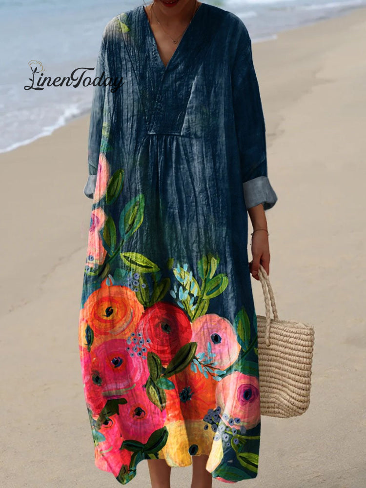 Women’s Flower Art Print Casual Dress Multicolor / S