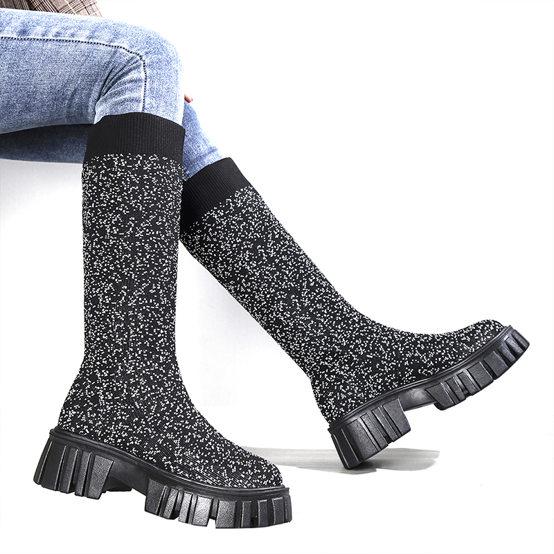 GOOSHOE Thick Soled High-Heeled Women's Boots Knitted Wool Patchwork Float Knee High Boots Warm Thick Heel Socks Shoes