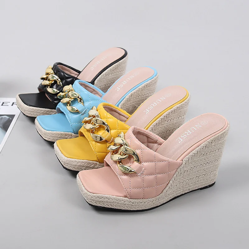 Wongn Wongn Summer Wedge Sandals Thick Square Toe Flip-Toe Female Metal Chain Straw Hemp Rope Bottom