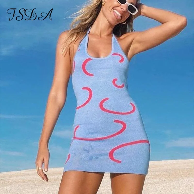 FSDA 2021 Knitted Bodycon Dress Women Halter Neck Summer Yellow Sleeveless Midi Backless Party Sexy Dresses Beach