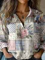 Women's Vintage Bohemian Patch Cotton And Linen Button-down Shirt