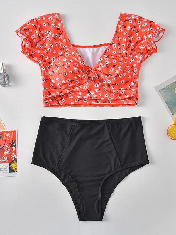 Floral-Print Short Sleeve Split Bikini Swimsuit