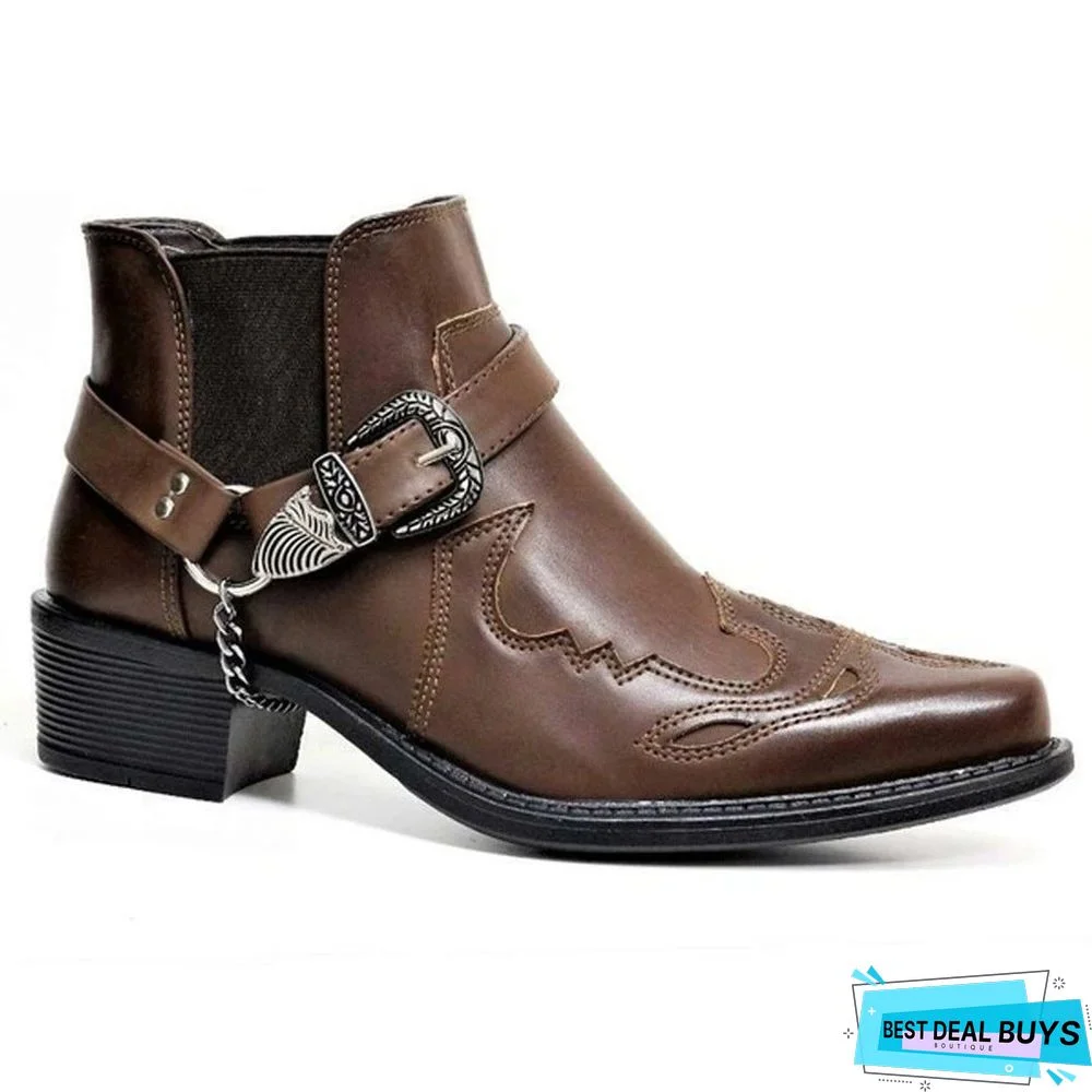 New Short Boots Fashion Personalized Belt Buckle Thick Heel Pointed Martin Boots Men's Boots