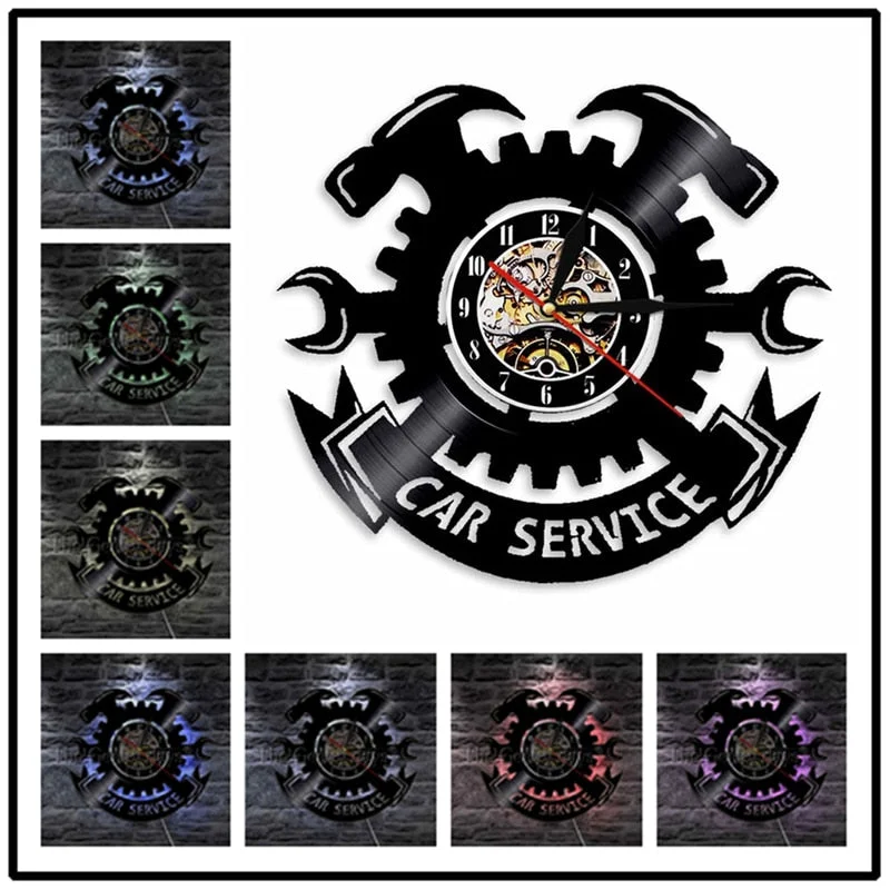 Auto Repair Shop Wall Clock Modern Design Car Mechanic Service Vinyl Record Clocks with 7 Colors LED Wall Watch Home Decor