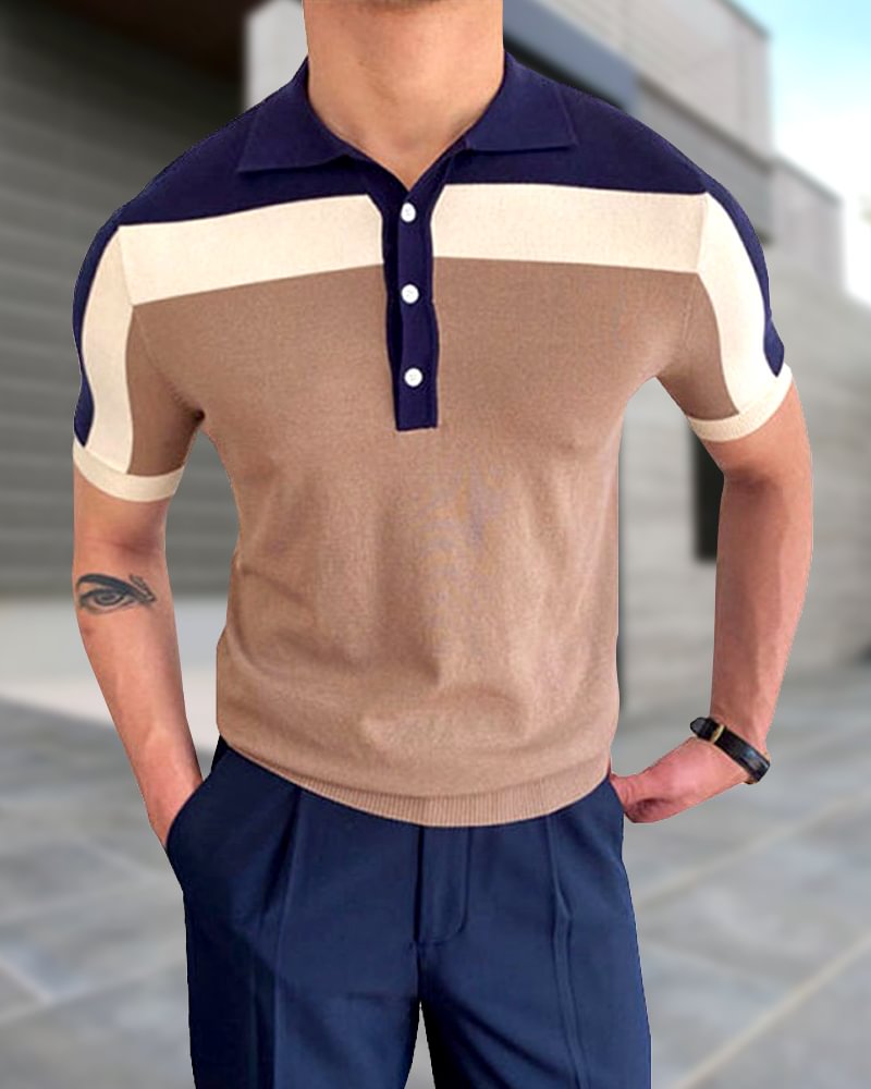 Men's patchwork knitted polo shirt