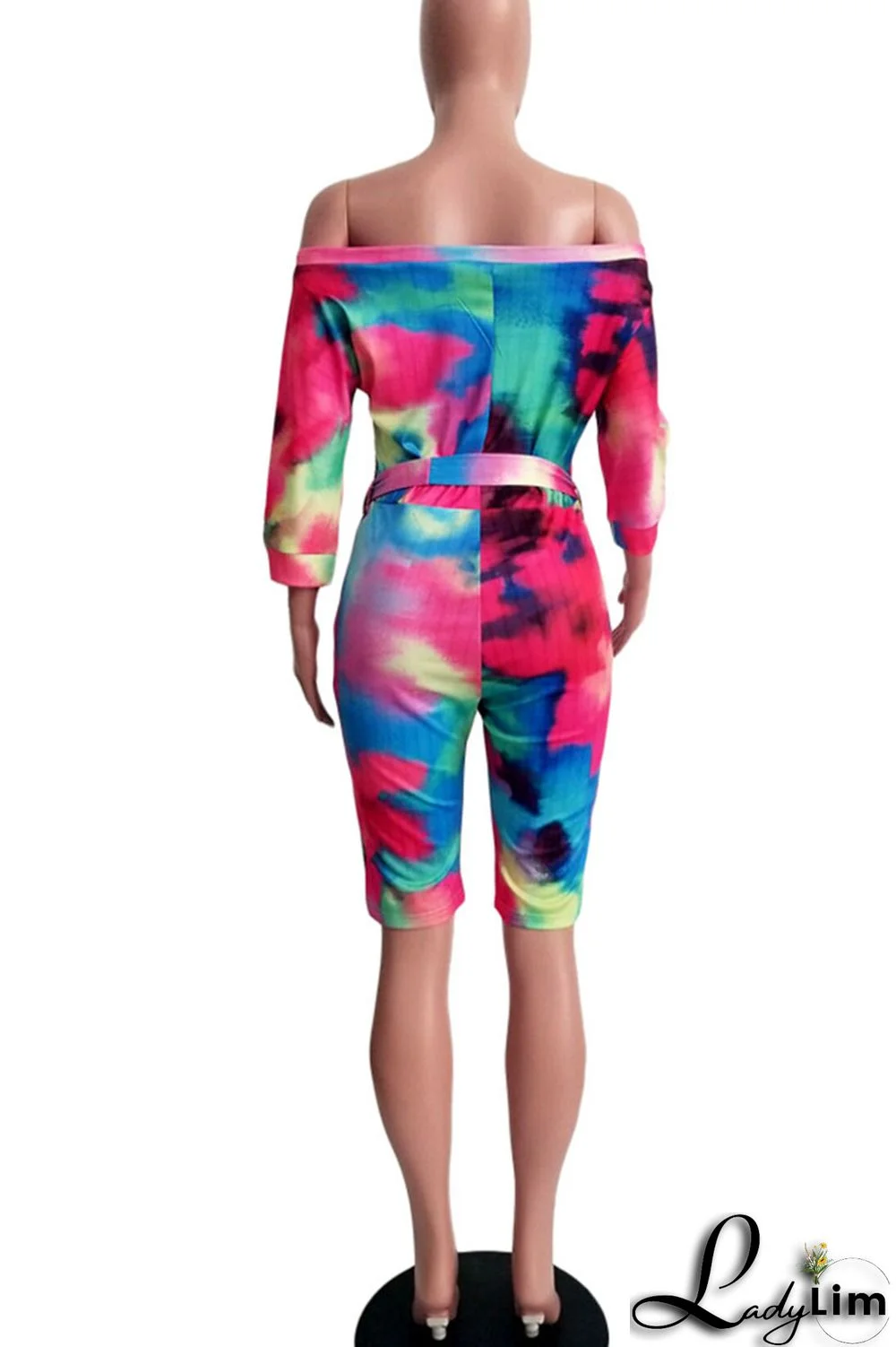 Tangerine Red Casual Print Tie Dye Bandage Split Joint Off the Shoulder Straight Jumpsuits