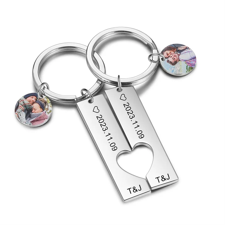 2-Names Personalized Photo Couple Keychain Engrave Letters And Date Matching Couple Gifts, Special Gift For Him/Her