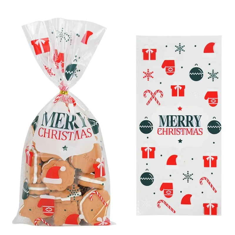 50pcs Santa Claus Christmas Tree Elk PVC Bags Transparent Clear Gift Bag for Christmas Gift Baking Candy Cookie Packaging Bags