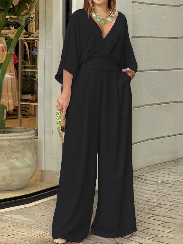 Women's Short Sleeve V-neck Solid Color Jumpsuit