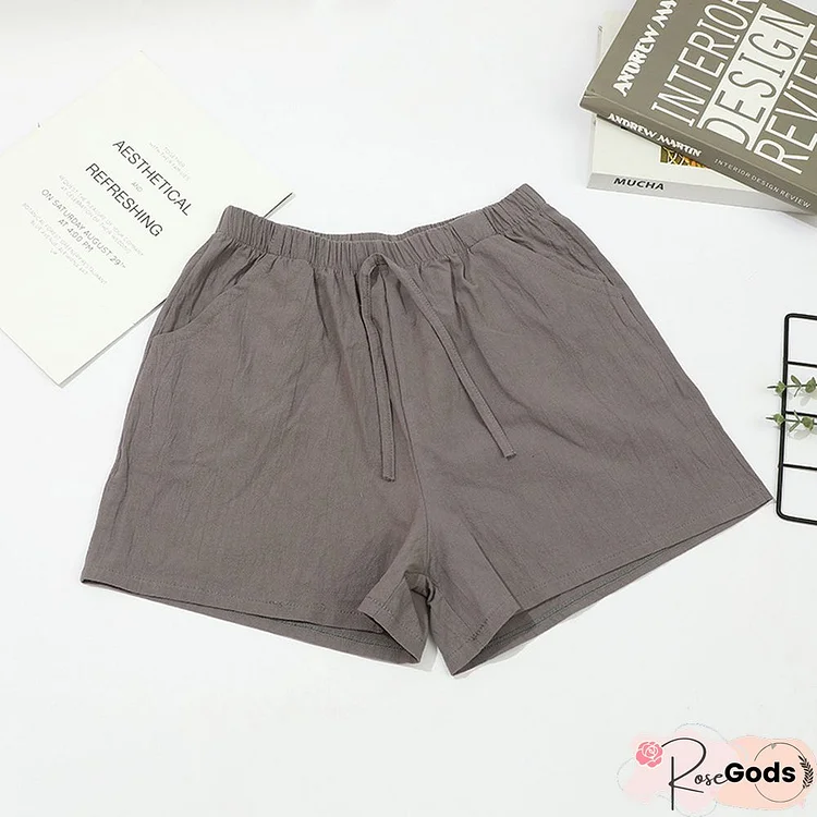 Casual Solid Color Elastic Waist Cotton Shorts For Women