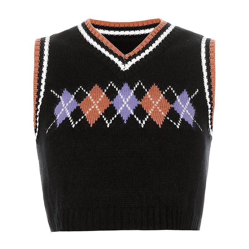 Y2K Sweaters Plaid Patched Knitwear Sleeveless V Neck Knitted Tank Top