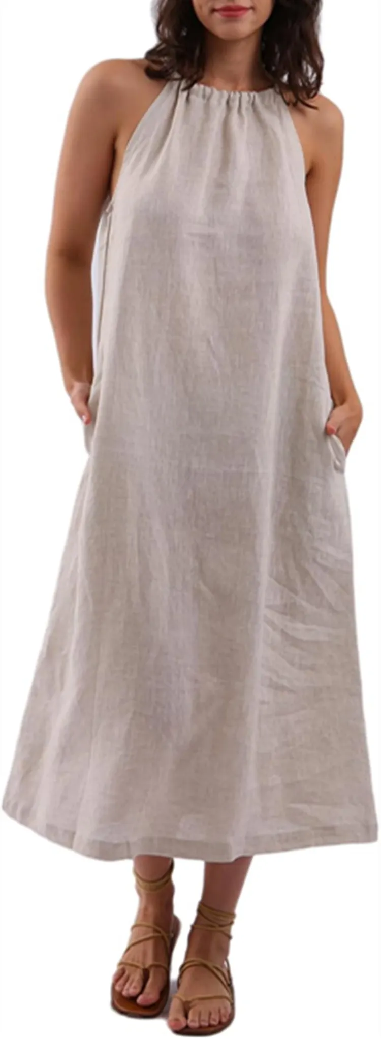 Women's Linen Blend Halter Neck Maxi Dress