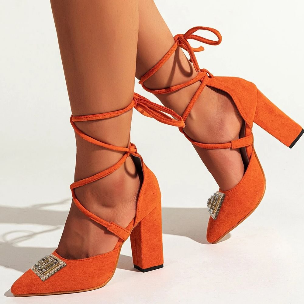 Orange Suede Almond Toe Pumps Lace Up Strappy Chunky Heels Nicepairs