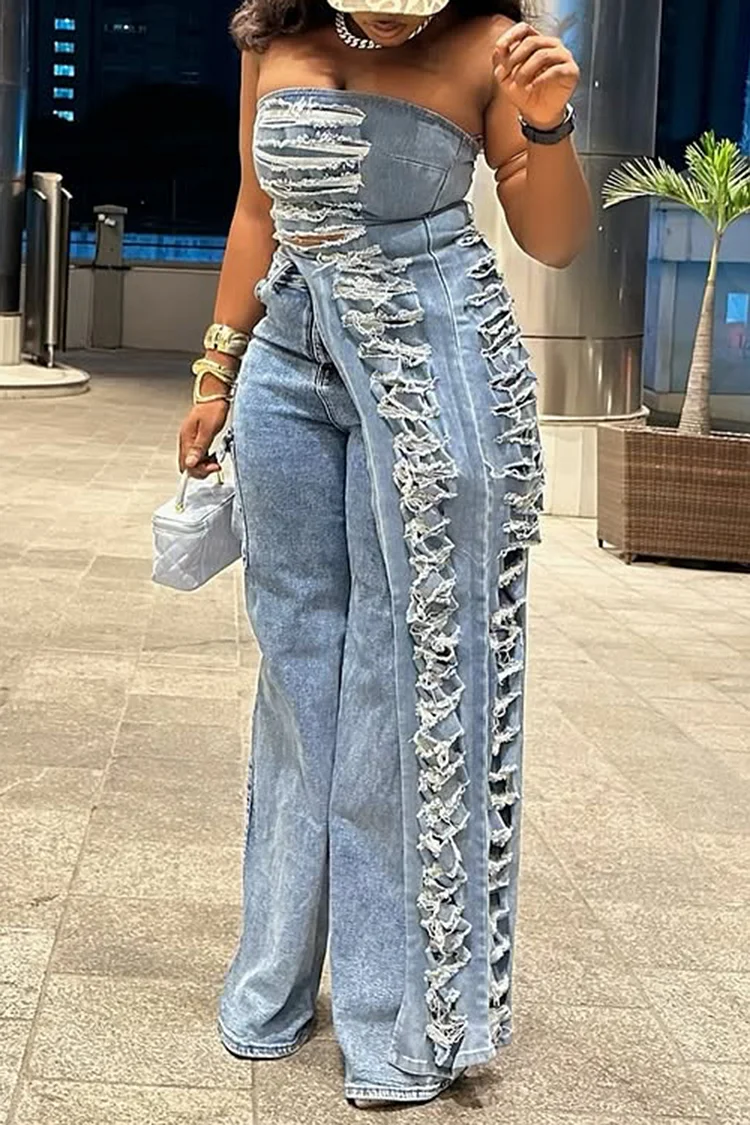 Plus Size Party Blue Asymmetric Hem Distressed Denim Two Piece Pant Sets [Pre-Order]