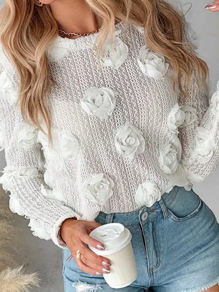 Casual Floral Applique Textured Crew Neck Long Sleeve Blouse
