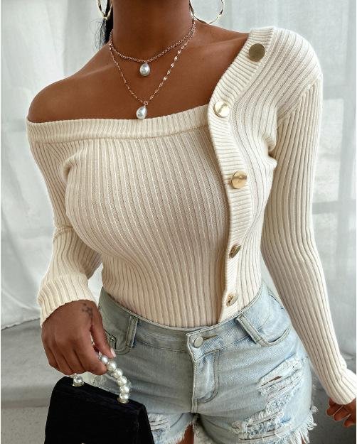Mayoulove Women's Sweaters Knitted Button Long Sleeve Sexy One Shoulder Top-Mayoulove