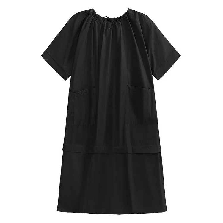 Elegant Loose Solid Color Drawstring Round Neck Short Sleeve Pockets Dress