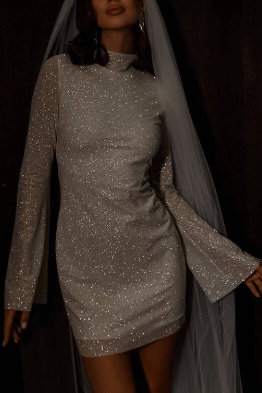 Dresseswow High Neck Long Sleeves Shiny Short Wedding Dress Online