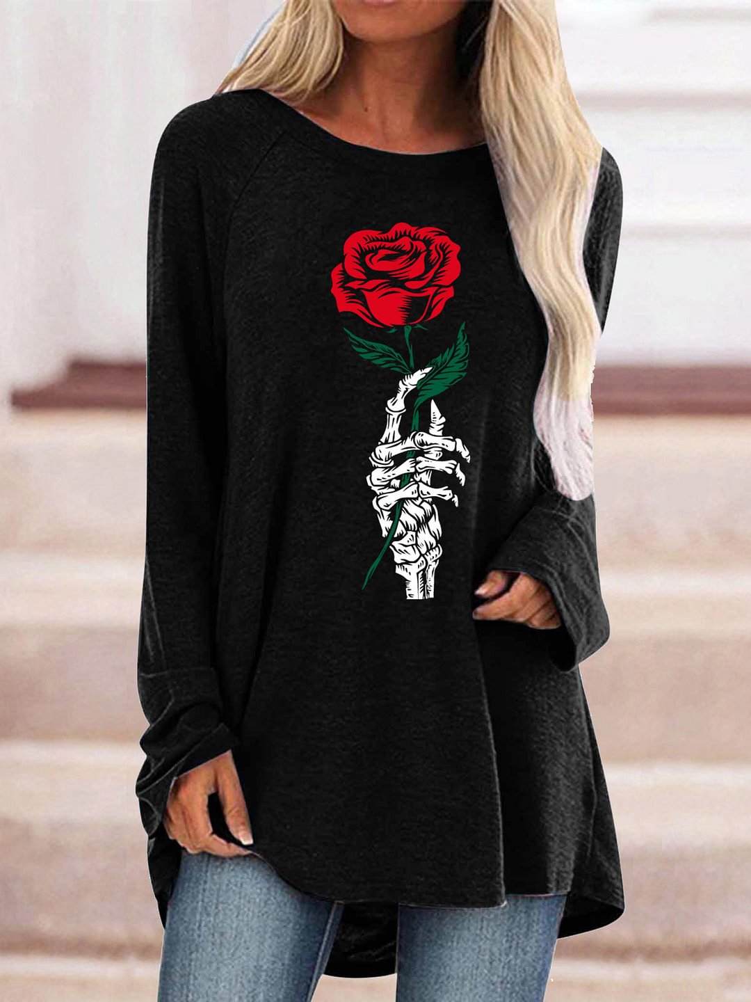 Women Long Sleeve Scoop Neck Solid Floral Printed Graphic Top