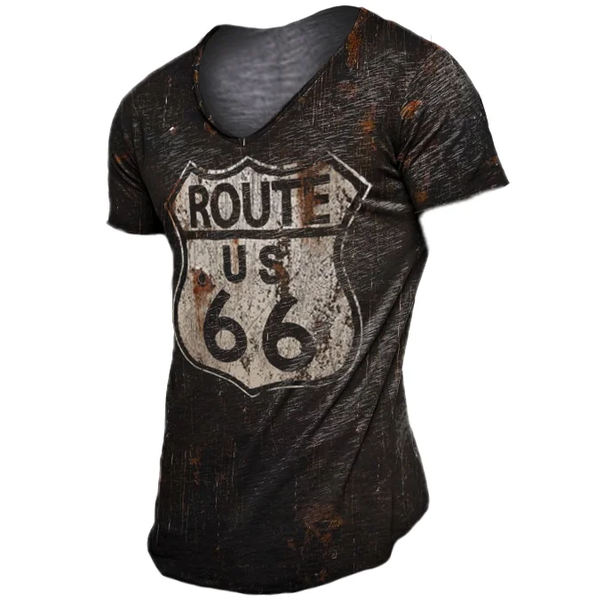 Route 66 Men's Vintage V-Neck Short Sleeve T-Shirt