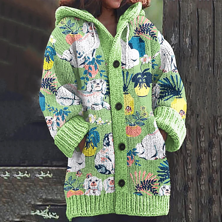 Dog Art Print Knitted Long Sleeve Hooded Cardigan