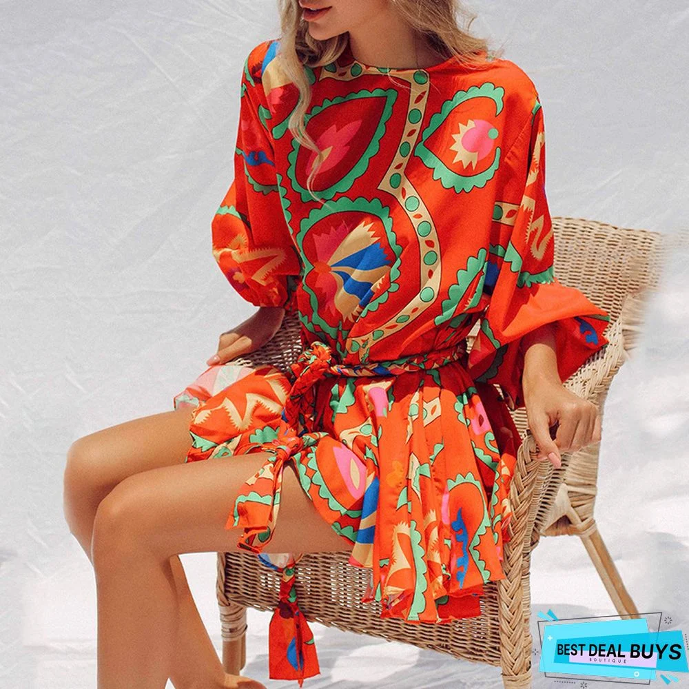 Hand-Woven Belt Lantern Sleeve Printed Dress